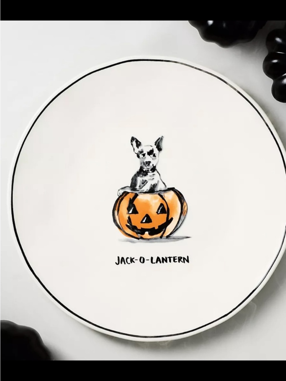 Halloween Jack-O-Lantern Dog Ceramic Dessert Plate- White and Orange